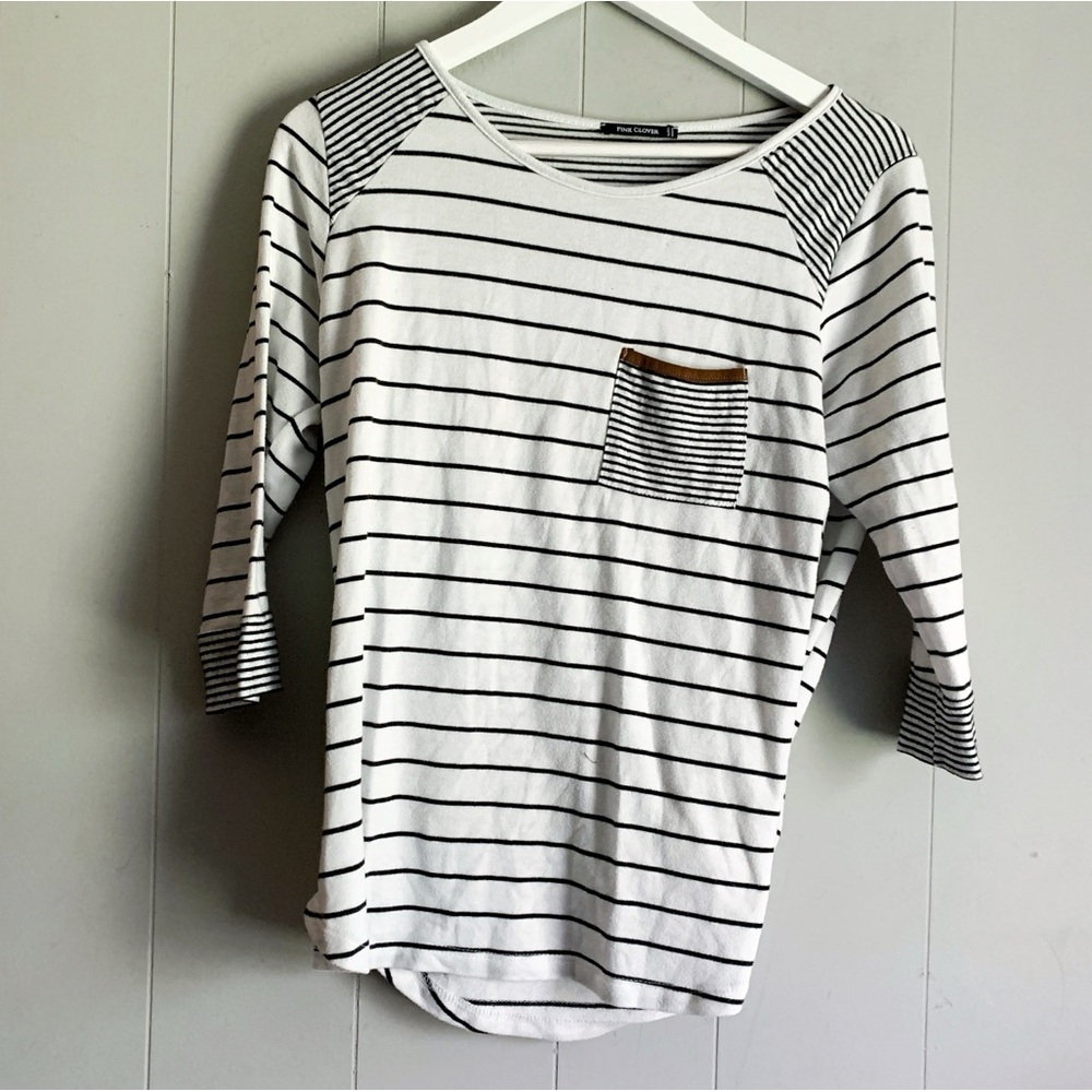 PINK CLOVER Curved Hem 3/4 T-SHIRT Mariniere Striped Pullover M